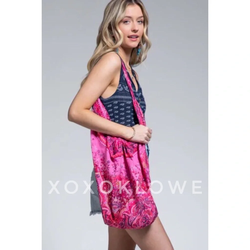 Hot Pink Boho Print Hobo Bag Beach Cruise Weekend